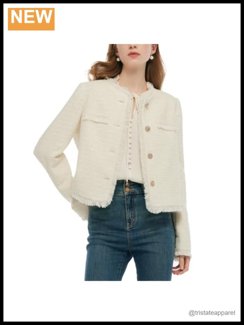 Wool Blend Tweed Knit Blazer Collarless Cropped Business Casual Suit Jacket
